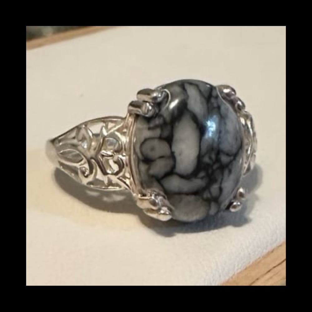 Sterling Silver STS 925 Pinolite or Pinolith Jasper Ring